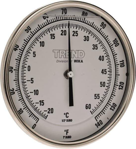 Wika - 4 Inch Long Stem, 5 Inch Dial Diameter, Stainless Steel, Back Connected Bi-Metal Thermometer - -20 to 60°C, 1% Accuracy - Eagle Tool & Supply