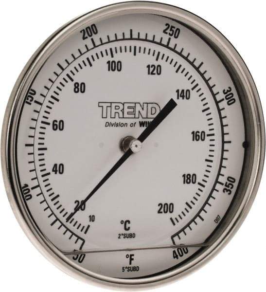 Wika - 4 Inch Long Stem, 5 Inch Dial Diameter, Stainless Steel, Back Connected Bi-Metal Thermometer - 10 to 200°C, 1% Accuracy - Eagle Tool & Supply