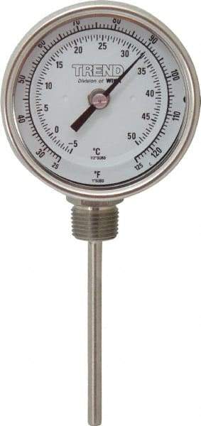 Wika - 4 Inch Long Stem, 3 Inch Dial Diameter, Stainless Steel, Bottom Connected Bi-Metal Thermometer - -5 to 50°C, 1% Accuracy - Eagle Tool & Supply