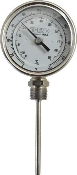 Wika - 4 Inch Long Stem, 3 Inch Dial Diameter, Stainless Steel, Bottom Connected Bi-Metal Thermometer - -15 to 90°C, 1% Accuracy - Eagle Tool & Supply