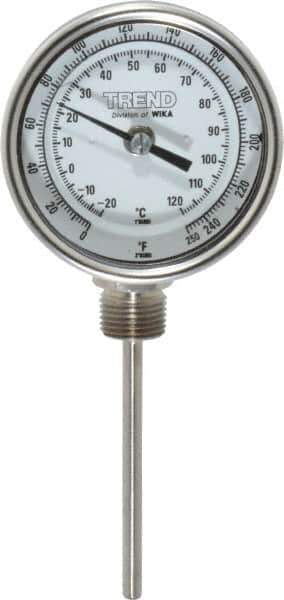 Wika - 4 Inch Long Stem, 3 Inch Dial Diameter, Stainless Steel, Bottom Connected Bi-Metal Thermometer - -20 to 120°C, 1% Accuracy - Eagle Tool & Supply