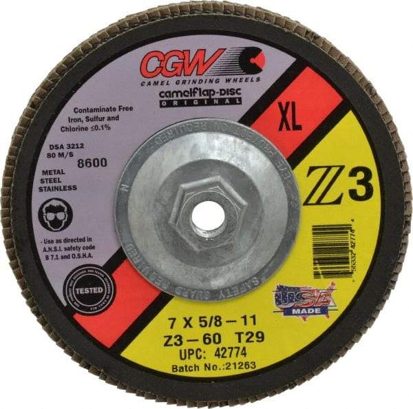 Camel Grinding Wheels - 60 Grit, 7" Disc Diam, 5/8-11 Center Hole, Type 29 Zirconia Alumina Flap Disc - 8,600 Max RPM, Poly Cotton Backing, Arbor Attaching System, Coated - Eagle Tool & Supply