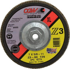 Camel Grinding Wheels - 60 Grit, 7" Disc Diam, 5/8-11 Center Hole, Type 29 Zirconia Alumina Flap Disc - 8,600 Max RPM, Poly Cotton Backing, Arbor Attaching System, Coated - Eagle Tool & Supply