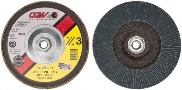 Camel Grinding Wheels - 120 Grit, 7" Disc Diam, 5/8-11 Center Hole, Type 27 Zirconia Alumina Flap Disc - 8,600 Max RPM, Poly Cotton Backing, Arbor Attaching System, Coated - Eagle Tool & Supply