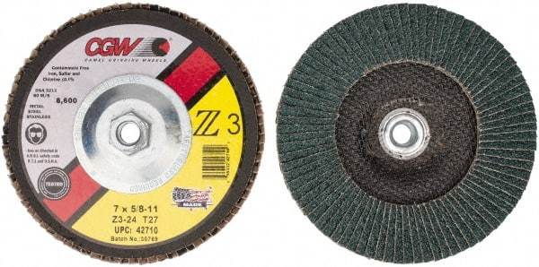 Camel Grinding Wheels - 24 Grit, 7" Disc Diam, 5/8-11 Center Hole, Type 27 Zirconia Alumina Flap Disc - 8,600 Max RPM, Poly Cotton Backing, Arbor Attaching System, Coated - Eagle Tool & Supply