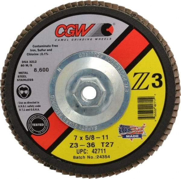 Camel Grinding Wheels - 36 Grit, 7" Disc Diam, 5/8-11 Center Hole, Type 27 Zirconia Alumina Flap Disc - 8,600 Max RPM, Poly Cotton Backing, Arbor Attaching System, Coated - Eagle Tool & Supply