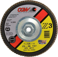 Camel Grinding Wheels - 36 Grit, 7" Disc Diam, 5/8-11 Center Hole, Type 27 Zirconia Alumina Flap Disc - 8,600 Max RPM, Poly Cotton Backing, Arbor Attaching System, Coated - Eagle Tool & Supply