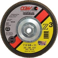 Camel Grinding Wheels - 60 Grit, 7" Disc Diam, 5/8-11 Center Hole, Type 27 Zirconia Alumina Flap Disc - 8,600 Max RPM, Poly Cotton Backing, Arbor Attaching System, Coated - Eagle Tool & Supply