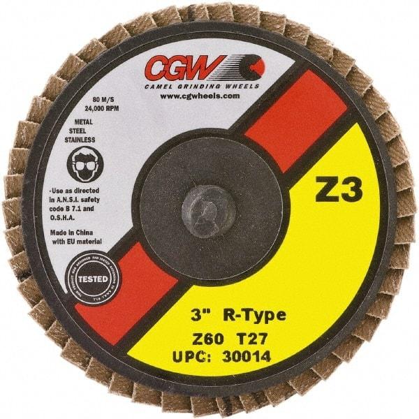 Camel Grinding Wheels - 80 Grit, 3" Disc Diam, Type 27 Zirconia Alumina Flap Disc - 24,000 Max RPM, Poly Cotton Backing, Quick Change Type R Attaching System, Coated - Eagle Tool & Supply