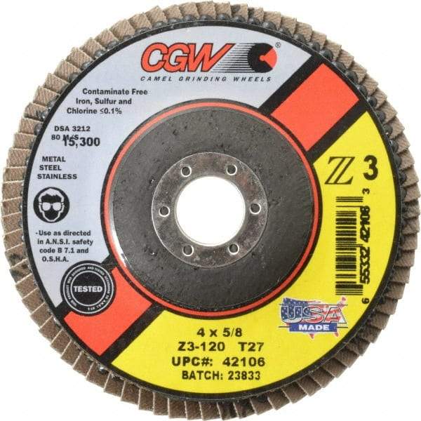Camel Grinding Wheels - 120 Grit, 4" Disc Diam, 5/8" Center Hole, Type 27 Zirconia Alumina Flap Disc - 15,300 Max RPM, Poly Cotton Backing, Arbor Attaching System, Coated - Eagle Tool & Supply