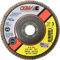 Camel Grinding Wheels - 120 Grit, 4" Disc Diam, 5/8" Center Hole, Type 27 Zirconia Alumina Flap Disc - 15,300 Max RPM, Poly Cotton Backing, Arbor Attaching System, Coated - Eagle Tool & Supply