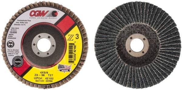 Camel Grinding Wheels - 36 Grit, 4" Disc Diam, 5/8" Center Hole, Type 27 Zirconia Alumina Flap Disc - 15,300 Max RPM, Poly Cotton Backing, Arbor Attaching System, Coated - Eagle Tool & Supply