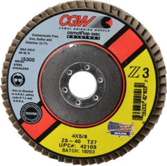 Camel Grinding Wheels - 40 Grit, 4" Disc Diam, 5/8" Center Hole, Type 27 Zirconia Alumina Flap Disc - 15,300 Max RPM, Poly Cotton Backing, Arbor Attaching System, Coated - Eagle Tool & Supply