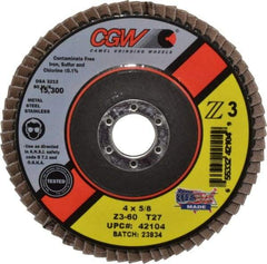 Camel Grinding Wheels - 60 Grit, 4" Disc Diam, 5/8" Center Hole, Type 27 Zirconia Alumina Flap Disc - 15,300 Max RPM, Poly Cotton Backing, Arbor Attaching System, Coated - Eagle Tool & Supply