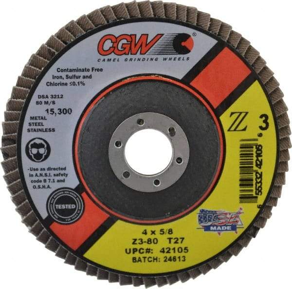 Camel Grinding Wheels - 80 Grit, 4" Disc Diam, 5/8" Center Hole, Type 27 Zirconia Alumina Flap Disc - 15,300 Max RPM, Poly Cotton Backing, Arbor Attaching System, Coated - Eagle Tool & Supply