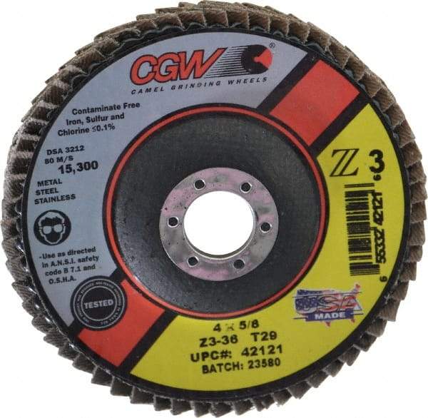 Camel Grinding Wheels - 36 Grit, 4" Disc Diam, 5/8" Center Hole, Type 29 Zirconia Alumina Flap Disc - 15,300 Max RPM, Poly Cotton Backing, Arbor Attaching System, Coated - Eagle Tool & Supply