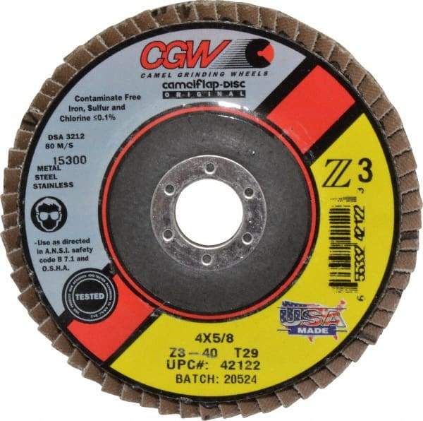 Camel Grinding Wheels - 40 Grit, 4" Disc Diam, 5/8" Center Hole, Type 29 Zirconia Alumina Flap Disc - 15,300 Max RPM, Poly Cotton Backing, Arbor Attaching System, Coated - Eagle Tool & Supply