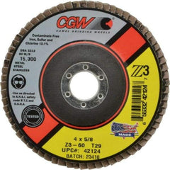 Camel Grinding Wheels - 60 Grit, 4" Disc Diam, 5/8" Center Hole, Type 29 Zirconia Alumina Flap Disc - 15,300 Max RPM, Poly Cotton Backing, Arbor Attaching System, Coated - Eagle Tool & Supply