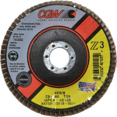 Camel Grinding Wheels - 80 Grit, 4" Disc Diam, 5/8" Center Hole, Type 29 Zirconia Alumina Flap Disc - 15,300 Max RPM, Poly Cotton Backing, Arbor Attaching System, Coated - Eagle Tool & Supply