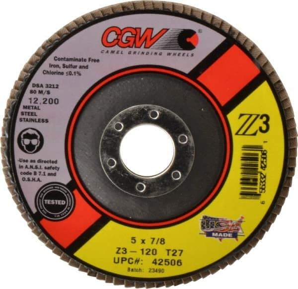 Camel Grinding Wheels - 120 Grit, 5" Disc Diam, 7/8" Center Hole, Type 27 Zirconia Alumina Flap Disc - 12,200 Max RPM, Poly Cotton Backing, Arbor Attaching System, Coated - Eagle Tool & Supply