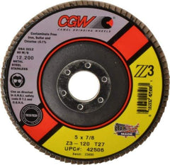 Camel Grinding Wheels - 120 Grit, 5" Disc Diam, 7/8" Center Hole, Type 27 Zirconia Alumina Flap Disc - 12,200 Max RPM, Poly Cotton Backing, Arbor Attaching System, Coated - Eagle Tool & Supply