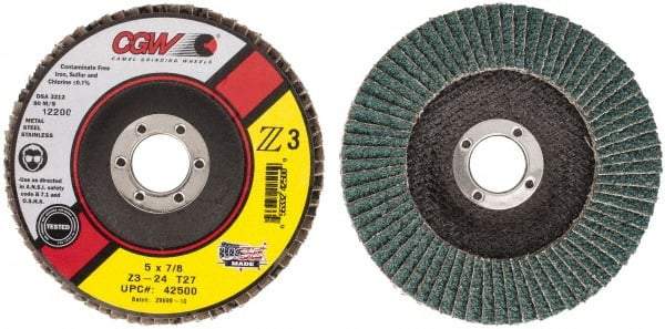 Camel Grinding Wheels - 24 Grit, 5" Disc Diam, 7/8" Center Hole, Type 27 Zirconia Alumina Flap Disc - 12,200 Max RPM, Poly Cotton Backing, Arbor Attaching System, Coated - Eagle Tool & Supply