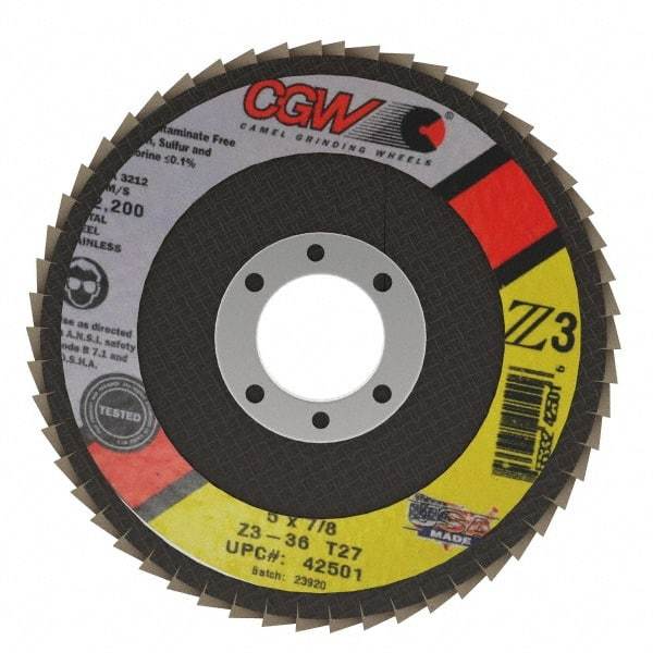 Camel Grinding Wheels - 36 Grit, 5" Disc Diam, 7/8" Center Hole, Type 27 Zirconia Alumina Flap Disc - 12,200 Max RPM, Poly Cotton Backing, Arbor Attaching System, Coated - Eagle Tool & Supply
