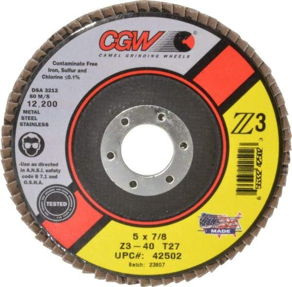 Camel Grinding Wheels - 40 Grit, 5" Disc Diam, 7/8" Center Hole, Type 27 Zirconia Alumina Flap Disc - 12,200 Max RPM, Poly Cotton Backing, Arbor Attaching System, Coated - Eagle Tool & Supply