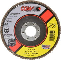 Camel Grinding Wheels - 40 Grit, 5" Disc Diam, 7/8" Center Hole, Type 27 Zirconia Alumina Flap Disc - 12,200 Max RPM, Poly Cotton Backing, Arbor Attaching System, Coated - Eagle Tool & Supply