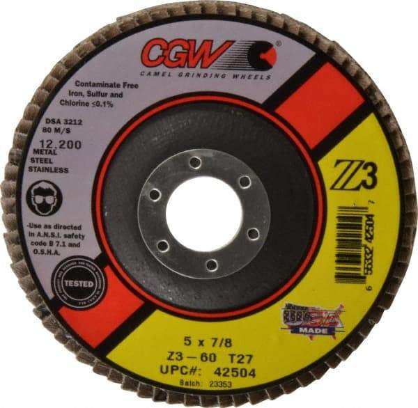 Camel Grinding Wheels - 60 Grit, 5" Disc Diam, 7/8" Center Hole, Type 27 Zirconia Alumina Flap Disc - 12,200 Max RPM, Poly Cotton Backing, Arbor Attaching System, Coated - Eagle Tool & Supply
