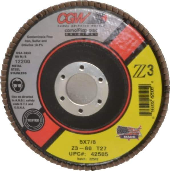 Camel Grinding Wheels - 80 Grit, 5" Disc Diam, 7/8" Center Hole, Type 27 Zirconia Alumina Flap Disc - 12,200 Max RPM, Poly Cotton Backing, Arbor Attaching System, Coated - Eagle Tool & Supply