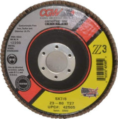 Camel Grinding Wheels - 80 Grit, 5" Disc Diam, 7/8" Center Hole, Type 27 Zirconia Alumina Flap Disc - 12,200 Max RPM, Poly Cotton Backing, Arbor Attaching System, Coated - Eagle Tool & Supply