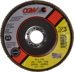 Camel Grinding Wheels - 120 Grit, 5" Disc Diam, 7/8" Center Hole, Type 29 Zirconia Alumina Flap Disc - 12,200 Max RPM, Poly Cotton Backing, Arbor Attaching System, Coated - Eagle Tool & Supply