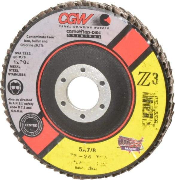 Camel Grinding Wheels - 24 Grit, 5" Disc Diam, 7/8" Center Hole, Type 29 Zirconia Alumina Flap Disc - 12,200 Max RPM, Poly Cotton Backing, Arbor Attaching System, Coated - Eagle Tool & Supply