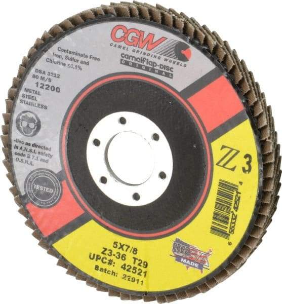 Camel Grinding Wheels - 36 Grit, 5" Disc Diam, 7/8" Center Hole, Type 29 Zirconia Alumina Flap Disc - 12,200 Max RPM, Poly Cotton Backing, Arbor Attaching System, Coated - Eagle Tool & Supply