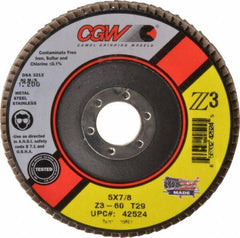 Camel Grinding Wheels - 60 Grit, 5" Disc Diam, 7/8" Center Hole, Type 29 Zirconia Alumina Flap Disc - 12,200 Max RPM, Poly Cotton Backing, Arbor Attaching System, Coated - Eagle Tool & Supply