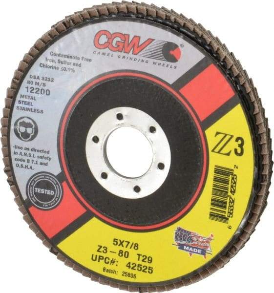 Camel Grinding Wheels - 80 Grit, 5" Disc Diam, 7/8" Center Hole, Type 29 Zirconia Alumina Flap Disc - 12,200 Max RPM, Poly Cotton Backing, Arbor Attaching System, Coated - Eagle Tool & Supply