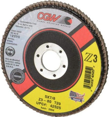 Camel Grinding Wheels - 80 Grit, 5" Disc Diam, 7/8" Center Hole, Type 29 Zirconia Alumina Flap Disc - 12,200 Max RPM, Poly Cotton Backing, Arbor Attaching System, Coated - Eagle Tool & Supply