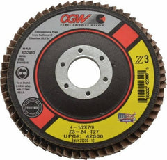 Camel Grinding Wheels - 24 Grit, 4-1/2" Disc Diam, 7/8" Center Hole, Type 27 Zirconia Alumina Flap Disc - 13,300 Max RPM, Poly Cotton Backing, Arbor Attaching System, Coated - Eagle Tool & Supply