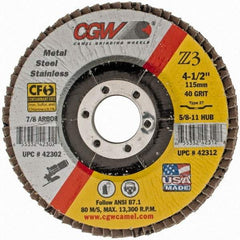 Camel Grinding Wheels - 40 Grit, 4-1/2" Disc Diam, 7/8" Center Hole, Type 27 Zirconia Alumina Flap Disc - 13,300 Max RPM, Poly Cotton Backing, Arbor Attaching System, Coated - Eagle Tool & Supply
