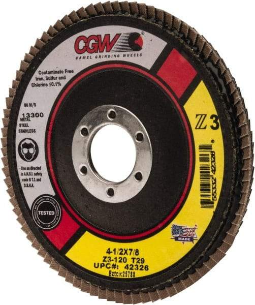 Camel Grinding Wheels - 120 Grit, 4-1/2" Disc Diam, 7/8" Center Hole, Type 29 Zirconia Alumina Flap Disc - 13,300 Max RPM, Poly Cotton Backing, Arbor Attaching System, Coated - Eagle Tool & Supply