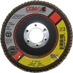 Camel Grinding Wheels - 36 Grit, 4-1/2" Disc Diam, 7/8" Center Hole, Type 29 Zirconia Alumina Flap Disc - 13,300 Max RPM, Poly Cotton Backing, Arbor Attaching System, Coated - Eagle Tool & Supply