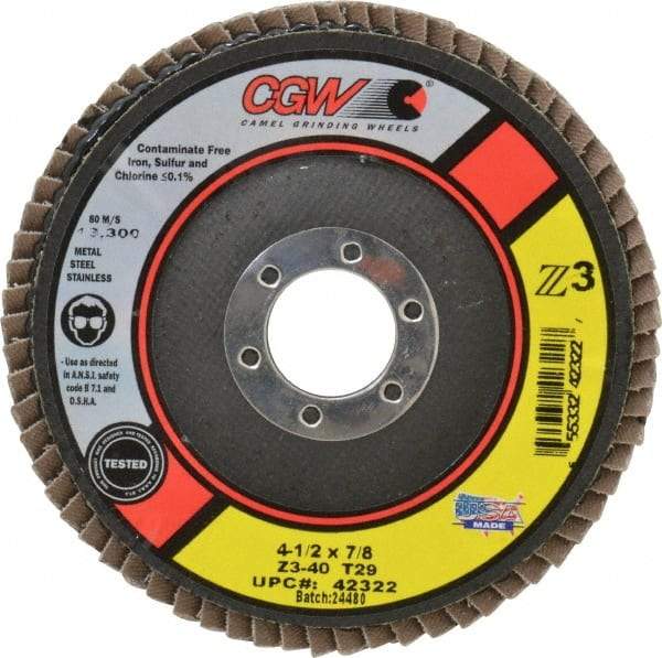 Camel Grinding Wheels - 40 Grit, 4-1/2" Disc Diam, 7/8" Center Hole, Type 29 Zirconia Alumina Flap Disc - 13,300 Max RPM, Poly Cotton Backing, Arbor Attaching System, Coated - Eagle Tool & Supply