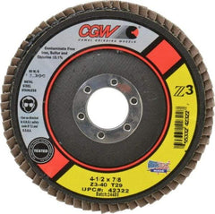 Camel Grinding Wheels - 40 Grit, 4-1/2" Disc Diam, 7/8" Center Hole, Type 29 Zirconia Alumina Flap Disc - 13,300 Max RPM, Poly Cotton Backing, Arbor Attaching System, Coated - Eagle Tool & Supply