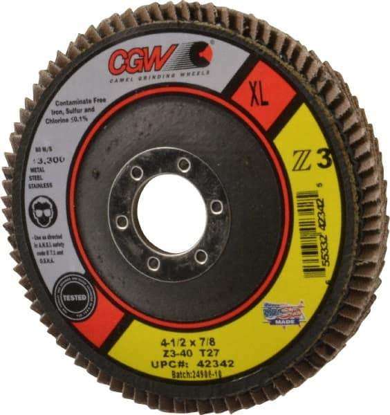 Camel Grinding Wheels - 40 Grit, 4-1/2" Disc Diam, 7/8" Center Hole, Type 27 Zirconia Alumina Flap Disc - 13,300 Max RPM, Poly Cotton Backing, Arbor Attaching System, Coated - Eagle Tool & Supply