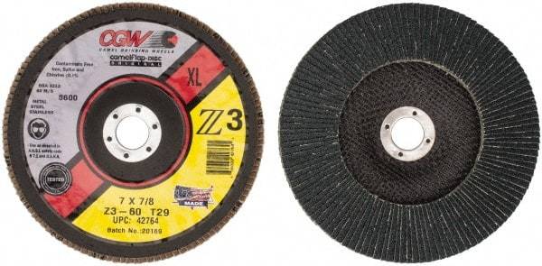 Camel Grinding Wheels - 60 Grit, 7" Disc Diam, 7/8" Center Hole, Type 29 Zirconia Alumina Flap Disc - 8,600 Max RPM, Poly Cotton Backing, Arbor Attaching System, Coated - Eagle Tool & Supply