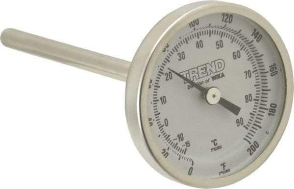 Wika - 4 Inch Long Stem, 2 Inch Dial Diameter, Stainless Steel, Back Connected Bi-Metal Thermometer - -15 to 90°C, 1% Accuracy - Eagle Tool & Supply