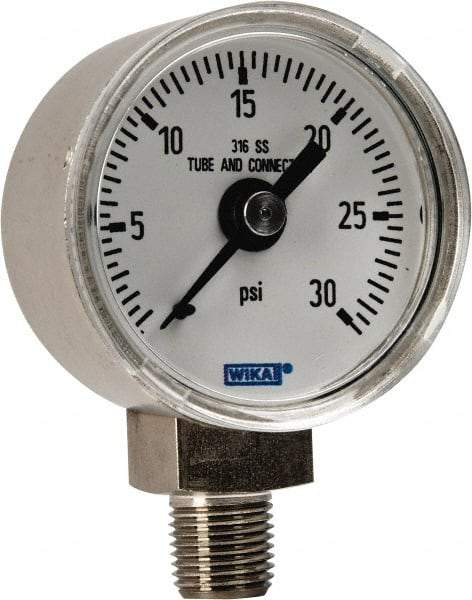 Wika - 1-1/2" Dial, 1/8 Thread, 0-30 Scale Range, Pressure Gauge - Lower Connection Mount, Accurate to 2.5% of Scale - Eagle Tool & Supply