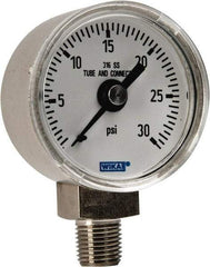 Wika - 1-1/2" Dial, 1/8 Thread, 0-30 Scale Range, Pressure Gauge - Lower Connection Mount, Accurate to 2.5% of Scale - Eagle Tool & Supply