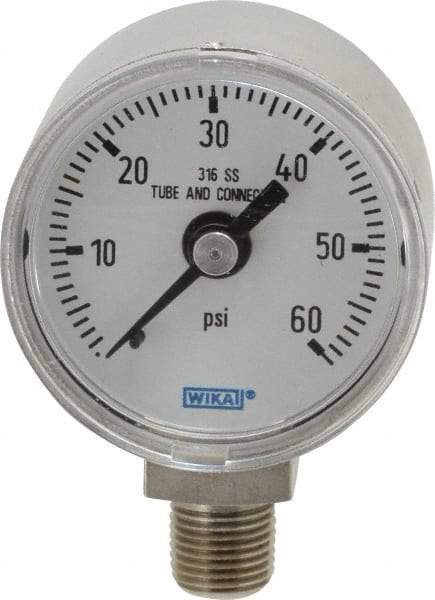Wika - 1-1/2" Dial, 1/8 Thread, 0-60 Scale Range, Pressure Gauge - Lower Connection Mount, Accurate to 2.5% of Scale - Eagle Tool & Supply